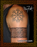Tattoo design on a person's arm with intricate Pictish spiral patterns and Hindu wheel of tridents  featuring Lucky Fish branding.