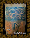 Tattoo sleeve with Pict design and rune, artist Pat Fish and website luckyfish.com