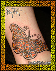 Knotwork Monarch Celtic Tattoo Design  with LuckyFish branding tattoo on arm