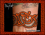 Tattoo of a Nordic dragon eel design on skin arm band with decorative border and LuckyFish branding