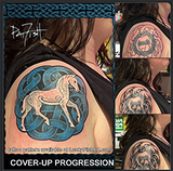 Cover-up progression of a Scottish Celtic horse tattoo on a person's shoulder, showing different stages of design.