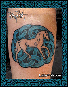 Tattoo of a horse within a Celtic knot design on skin, with 'Lucky Fish' branding.