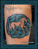 Tattoo of a horse within a Celtic knot design on skin, with 'Lucky Fish' branding.