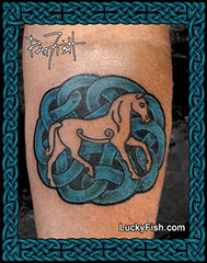 Tattoo of a horse within a Celtic knot design on skin, with 'Lucky Fish' branding.