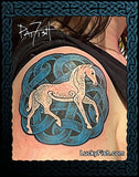 Tattoo of a Pictish horse within Celtic knotwork on a person's shoulder, with 'Lucky Fish' branding.