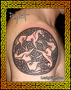 Tattoo of a Celtic triple horse design on skin with 'Lucky Fish' branding.