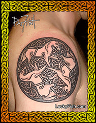 Tattoo of a Celtic triple horse design on skin with 'Lucky Fish' branding.