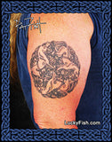 Tattoo of a Celtic Scottish triple horse knot design on a person's arm with 'Lucky Fish' branding.