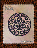 Decorative circular pattern with intricate designs on a chest featuring the artist Pat Fish's signature and website.