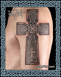 Celtic cross tattoo on a person's upper arm with Lucky Fish branding.