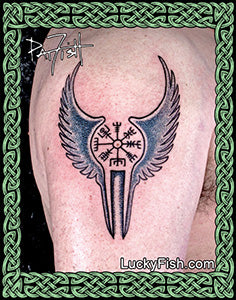 Tattoo of a winged Norse Nordic symbol on a person's arm with 'Lucky Fish' branding.