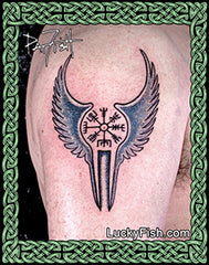 Tattoo of a winged Norse Nordic symbol on a person's arm with 'Lucky Fish' branding.