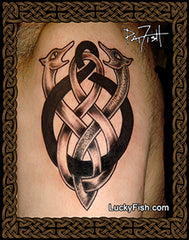 Celtic knot tattoo of wolves on skin with 'Lucky Fish' branding.