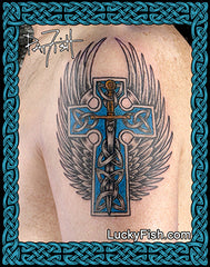 Tattoo of a cross with wings on skin, artist signature Pat Fish and website LuckyFish.com at the bottom. Archangel Cross Christian Celtic Tattoo Design