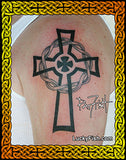 Celtic cross tattoo on a person's arm with 'Lucky Fish' branding.