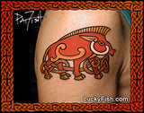Tattoo of a stylized Pictish boar design on shoulder with 'LuckyFish.com' branding.