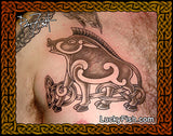 Tattoo of a stylized Pictish boar on chest with  'Lucky Fish' branding.