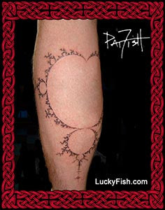 Tattoo of the Mandelbrot set on a person's leg by Pat Fish with 'LuckyFish.com' branding.
