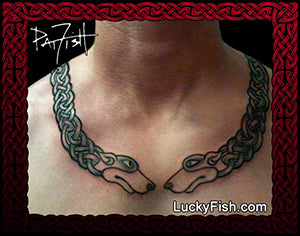 Necklace torc tattoo with intricate celtic dog design on a person's neck, featuring the brand 'Lucky Fish'.