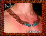 Tattoo of a Celtic torcdesign on a person's neck with dog finials and 'LuckyFish.com' branding.