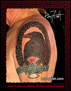 Tattoo of a raven within Celtic knot oval design on a person's arm, with 'PatFish' and 'LuckyFish.com' branding.