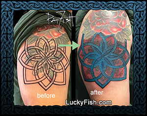 Before and after comparison of a lotus tattoo design on a person's arm, with LuckyFish.com branding.