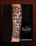 Bold Celtic knot tattoo design on a forearm with  'LuckyFish.com' branding.