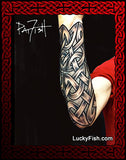 Half sleeve Celtic knot tattoo design on a forearm with  'LuckyFish.com' branding.