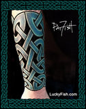 Tattoo design on a person's arm with intricate Celtic knot patterns, branded 'Lucky Fish'.