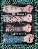 Celtic cover-up knot tattoos on forearm before and after with LuckyFish.com branding.