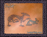 Two stylized tattoo designs of sight hound and hare with 'Lucky Fish' branding.