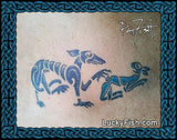 Tattoo design of a dog and rabbit with Lucky Fish branding.