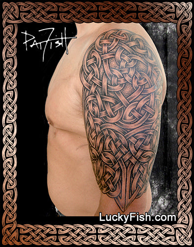 Tattoo of a Celtic knot design on a person's arm with 'Lucky Fish' branding.