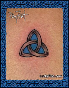 Tattoo of a Celtic knot design on skin by Pat Fish and with 'LuckyFish.com' branding.