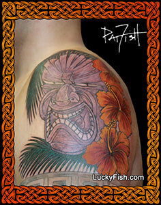 Hawaiian tiki and hibiscus tattoo design by Pat Fish