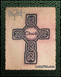 Tattoo design of a Celtic cross with 'Chad' dedication with Lucky Fish branding.