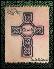 Tattoo design of a Celtic cross with 'Chad' dedication with Lucky Fish branding.