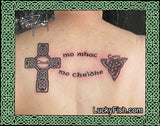 Tattoo of a Celtic cross and triangular Celtic design on a person's back with LuckyFish branding