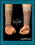 Key Pattern Pictish Scottish tattoo designs on arms with 'Lucky Fish' branding, and signature of Pat Fish