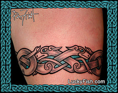 Celtic dog tattoo band design with LuckyFish branding