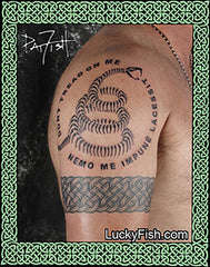 skeleton snake Gadsden flag tattoo design with Celtic arm band tattoo by Pat Fish