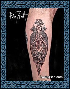 Celtic tattoo of two cranes and Celtic knots on a person's leg by Pat Fish with Luckyfish.com branding