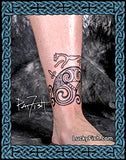 Tattoo of the Uffington White Horse and Pictish pattern design on a person's leg, with 'Lucky Fish' branding.