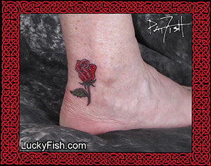 rose bud tattoo on ankle with LuckyFish branding 