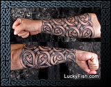 Two views of a person's arm with intricate Celtic tattoo sleeve and LuckyFish.com branding