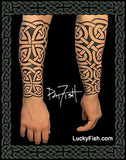 Celtic knot tattoo sleeve on arm with 'LuckyFish' branding.