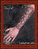Tattooed arm with intricate Celtic design by Pat Fish with 'LuckyFish.com' branding.