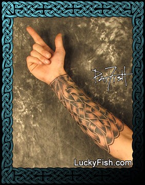 Intricate Celtic knot tattoo design by Pat Fish on arm with  'Lucky Fish' branding.