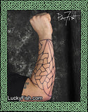 Tattoo of a geometric Celtic knot pattern on a person's arm by Pat Fish with LuckyFish.com branding.