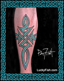Celtic cross tribal tattoo design on a person's leg with 'Lucky Fish' branding.